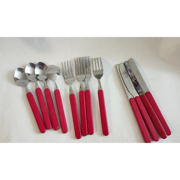 Picnic Time Stainless Red Handle 12 in lot Set for 4 Spoons Knife Forks - Picture 2 of 4